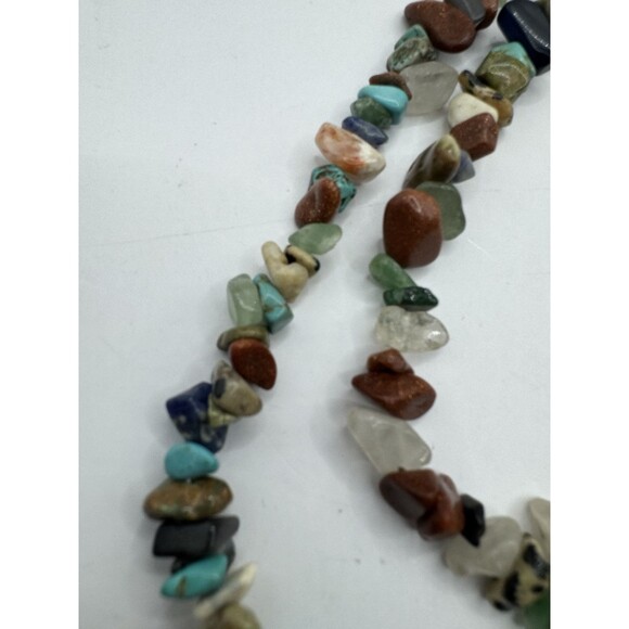 Boho Natural Stone Chip Necklace NEW Double Strand Gold Tone Turquoise Jadeite - Picture 3 of 10